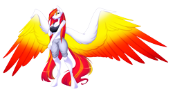 Size: 9969x5505 | Tagged: safe, alternate version, artist:scarlet-spectrum, imported from derpibooru, oc, oc only, oc:diamond sun, anthro, pegasus, unguligrade anthro, alternate design, alternate hairstyle, amazon, belly button, big breasts, breasts, clothes, colored wings, commission, female, large wings, long mane, long tail, mare, midriff, multicolored wings, pants, simple background, solo, spread wings, tanktop, transparent background, wings