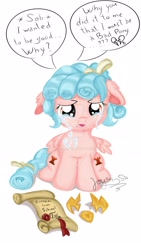 Size: 1280x2276 | Tagged: safe, artist:joy144sk, imported from derpibooru, cozy glow, pegasus, pony, crying, expelled, female, filly, floppy ears, grammar error, sad, scroll, solo, tongue out