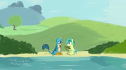 Size: 1249x700 | Tagged: safe, artist:johnerose126, imported from derpibooru, gallus, sandbar, griffon, pony, turtle, lake