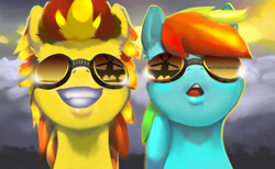 Size: 4415x2712 | Tagged: safe, artist:filly909, artist:imadeus, imported from derpibooru, rainbow dash, spitfire, pegasus, pony, :o, duo, female, goggles, grin, gritted teeth, mare, open mouth, reflection, smiling