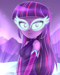 Size: 3120x3901 | Tagged: safe, artist:aryatheeditor, derpibooru exclusive, imported from derpibooru, twilight sparkle, equestria girls, bare shoulders, beautiful, bedroom eyes, bust, clothes, cute, digital art, dress, evening gloves, female, gloves, glow, glowing, glowing eyes, long gloves, looking at you, midnight sparkle, midnightabetes, mountain, night, outfit, photo, sleeveless, sleeveless turtleneck, smiling at you, solo, twiabetes