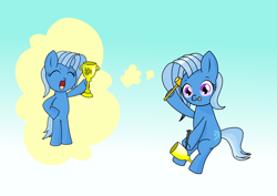 Size: 2000x1414 | Tagged: safe, artist:scribbles151, imported from derpibooru, trixie, earth pony, pony, :p, bipedal, earth pony trixie, eyes closed, hammer, nail, open mouth, race swap, solo, tongue out, trophy