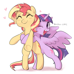 Size: 1000x1000 | Tagged: safe, artist:haden-2375, imported from derpibooru, sunset shimmer, twilight sparkle, alicorn, pony, unicorn, bipedal, blushing, cute, duo, eyes closed, female, floating heart, heart, hug, hug from behind, lesbian, mare, one eye closed, open mouth, shimmerbetes, shipping, simple background, smiling, spread wings, sunsetsparkle, twiabetes, twilight sparkle (alicorn), white background, wings