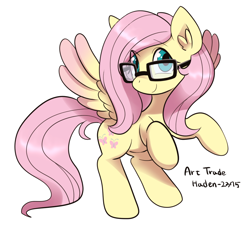 Size: 982x900 | Tagged: safe, artist:haden-2375, imported from derpibooru, fluttershy, pegasus, pony, art trade, colored wings, cute, ear fluff, female, glasses, looking at you, mare, meganekko, shyabetes, signature, simple background, solo, white background, wings