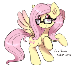 Size: 982x900 | Tagged: safe, alternate version, artist:haden-2375, imported from derpibooru, fluttershy, pegasus, alternate cutie mark, alternate eye color, art trade, colored wings, cute, ear fluff, glasses, shyabetes, simple background, white background, wings