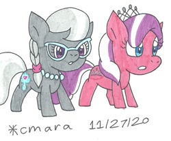 Size: 964x800 | Tagged: safe, artist:cmara, imported from derpibooru, diamond tiara, silver spoon, earth pony, pony, duo, female, filly, glasses, grin, jewelry, necklace, simple background, smiling, tiara, traditional art, white background