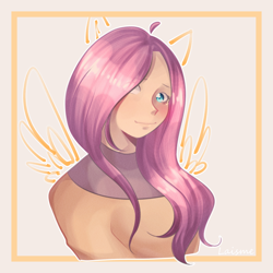 Size: 1200x1200 | Tagged: safe, artist:laismexx, imported from derpibooru, fluttershy, human, blushing, cute, eared humanization, hair over one eye, humanized, open mouth, shyabetes, solo, winged humanization, wings