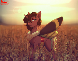 Size: 1600x1244 | Tagged: safe, artist:devi, artist:devi_shade, imported from derpibooru, oc, oc only, oc:flechette, changeling, insect, moth, mothling, original species, red changeling, solo, species swap, wheat field