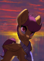 Size: 2342x3203 | Tagged: safe, artist:skitsniga, artist:skitsroom, imported from derpibooru, scootaloo, pegasus, pony, backlighting, clothes, eye clipping through hair, female, filly, looking at you, scarf, smiling, solo, sunset