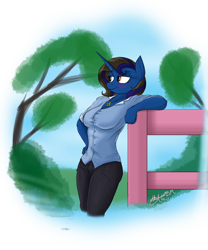 Size: 1600x1926 | Tagged: safe, artist:alexlive97, imported from derpibooru, oc, oc only, oc:alyx live, anthro, unicorn, 2016, bedroom eyes, blushing, buttons, chillaxing, clothes, confident, curvy, female, fence, hand on hip, horn, jeans, jewelry, necklace, pants, relaxing, rule 63, simple background, solo, solo female, standing, transparent background, unicorn oc