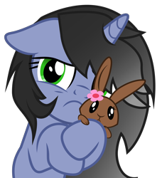 Size: 6871x7522 | Tagged: safe, artist:isaac_pony, imported from derpibooru, daisy, flower wishes, oc, oc:shainer shrapnel shock, pony, unicorn, bunny ears, cute, doom equestria, fear, female, flower, green eyes, horns, hug, sad, show accurate, simple background, transparent background, vector