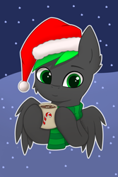 Size: 1365x2048 | Tagged: safe, artist:keupoz, imported from derpibooru, oc, oc only, oc:bytewave, pegasus, pony, bust, cheek fluff, chocolate, christmas, clothes, commission, ear fluff, food, hat, holiday, hot chocolate, santa hat, scarf, snow, snowfall, solo, striped scarf