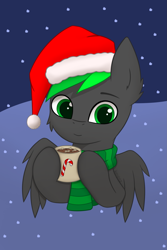 Size: 1365x2048 | Tagged: safe, alternate version, artist:keupoz, imported from derpibooru, oc, oc only, oc:bytewave, pegasus, pony, bust, cheek fluff, chocolate, christmas, clothes, commission, ear fluff, food, hat, holiday, hot chocolate, santa hat, scarf, snow, snowfall, solo, striped scarf