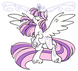 Size: 864x794 | Tagged: safe, artist:egophiliac, imported from derpibooru, oc, oc only, oc:arcane aria, alicorn, pony, alicorn oc, bipedal, female, horn, magic, music notes, rearing, simple background, singing, solo, spread wings, transparent background, unshorn fetlocks, vector, wings