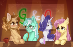 Size: 2484x1603 | Tagged: safe, artist:peachez, imported from derpibooru, fluttershy, lyra heartstrings, rarity, oc, oc:oven fresh, pegasus, pony, unicorn, fanfic:crossing the trixie bridge, bar, blushing, cozy lights