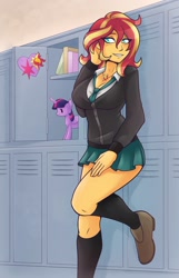 Size: 1304x2019 | Tagged: safe, artist:ambris, imported from derpibooru, sunset shimmer, twilight sparkle, equestria girls, blushing, breasts, busty sunset shimmer, cleavage, clothes, commission, female, implied lesbian, implied shipping, implied sunsetsparkle, jewelry, legs, locker, lockers, necklace, plushie, school uniform, schrödinger's pantsu, shoes, skirt, socks, teenager