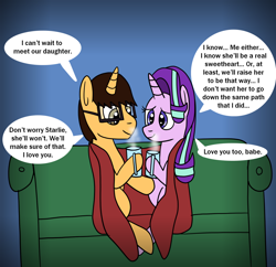 Size: 1280x1237 | Tagged: safe, artist:platinumdrop, imported from derpibooru, starlight glimmer, oc, oc:brandon, blanket, branglimmer, canon x oc, couch, dialogue, pregnant, request, shipping, speech bubble