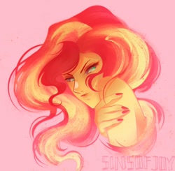 Size: 1280x1255 | Tagged: safe, artist:sinsofjoy, imported from derpibooru, sunset shimmer, equestria girls, bare shoulders, beautiful, flowing hair, looking at you, nail polish, painted nails, sexy, signature, simple background, solo