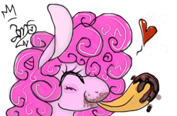 Size: 664x434 | Tagged: safe, artist:amgiwolf, imported from derpibooru, pinkie pie, earth pony, pony, bust, eyelashes, eyes closed, female, floating heart, heart, mare, signature, simple background, smiling, solo, tongue out, transparent background