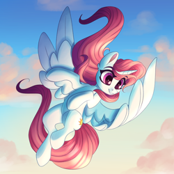 Size: 6000x6000 | Tagged: safe, artist:faline-art, imported from derpibooru, princess celestia, alicorn, pony, cloud, eye clipping through hair, female, flying, pink-mane celestia, sky, smiling, solo, spread wings, wings, younger