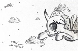 Size: 1288x847 | Tagged: safe, artist:johnerose126, imported from derpibooru, ocellus, changedling, changeling, flying, monochrome, sketch, solo, traditional art