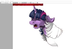 Size: 1112x765 | Tagged: safe, artist:rrrover, imported from derpibooru, twilight sparkle, pony, unicorn, bust, eyes closed, female, mare, open mouth, solo, traditional art, unicorn twilight