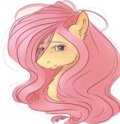 Size: 745x769 | Tagged: safe, artist:rrrover, imported from derpibooru, fluttershy, pegasus, pony, bust, ear fluff, eyebrows, female, looking at you, mare, portrait, simple background, solo, stray strand, three quarter view, white background