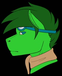 Size: 1048x1280 | Tagged: safe, artist:imreer, imported from derpibooru, oc, oc only, anthro, earth pony, black background, bust, clothes, earth pony oc, goggles, male, scarf, simple background, solo