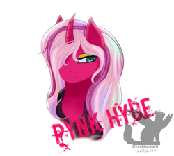 Size: 1307x1177 | Tagged: safe, artist:tenshineko01, imported from derpibooru, oc, oc only, oc:pynk hyde, pony, unicorn, bust, curved horn, eyeshadow, horn, makeup, punk, rocker, solo