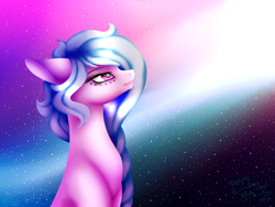 Size: 1400x1050 | Tagged: safe, artist:minelvi, imported from derpibooru, oc, oc only, earth pony, pony, braid, earth pony oc, eyelashes, signature, solo, space