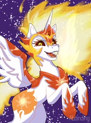 Size: 1516x2048 | Tagged: safe, artist:abbinding_, imported from derpibooru, daybreaker, alicorn, pony, eyelashes, fangs, female, hoof shoes, mane of fire, mare, open mouth, peytral, rearing, solo, stars