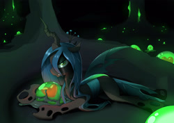 Size: 3100x2192 | Tagged: safe, artist:moons-of-mars, imported from derpibooru, queen chrysalis, changeling, changeling queen, changeling egg, changeling hive, egg, female, glow, glowing, lying down, prone