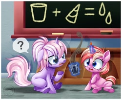 Size: 1024x839 | Tagged: safe, artist:centchi, imported from derpibooru, oc, oc only, pony, unicorn, chalkboard, deviantart watermark, duo, female, filly, glass, horn on fire, magic, obtrusive watermark, question mark, watermark