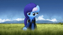 Size: 480x270 | Tagged: safe, artist:bastbrushie, artist:jhayarr23, imported from derpibooru, oc, oc only, oc:brushie brusha, earth pony, pony, animated, clothes, cloud, cute, eye, eyes, far cry 5, female, grass, hoof hold, loop, mane blue, mare, montana, mount, pants, raised hoof, sky, solo