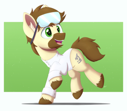 Size: 4000x3511 | Tagged: safe, artist:arcane-thunder, imported from derpibooru, oc, oc only, oc:calpain, earth pony, pony, birthday gift, brown mane, brown tail, clothes, cloven hooves, cute, cutie mark, ear fluff, goggles, high res, lab coat, male, open mouth, simple background, smiling, solo, stallion, unshorn fetlocks