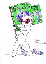 Size: 1024x1432 | Tagged: safe, artist:gafelpoez, imported from derpibooru, rarity, pony, unicorn, abortion, activism, argentina, bipedal, feminism, flag, holding a flag, mouthpiece, politics, revolution, spanish, sunglasses