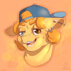 Size: 2048x2048 | Tagged: safe, artist:roseandcompany, imported from derpibooru, oc, oc only, oc:trucker, pony, abstract background, advertisement, backwards ballcap, backwards hat, baseball cap, bust, cap, commission, commission info, dimples, ear piercing, earring, eyelid, hat, heterochromia, jewelry, lidded eyes, looking at you, open mouth, piercing, portrait, short hair, sketch, smiling, smirk, solo