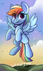 Size: 582x963 | Tagged: safe, artist:sakukitty, imported from derpibooru, rainbow dash, pegasus, pony, cloud, eye clipping through hair, female, flying, looking at you, mare, sky, smiling, solo, spread wings, wings