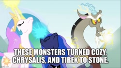 Size: 800x451 | Tagged: safe, edit, edited screencap, imported from ponybooru, screencap, discord, princess celestia, princess luna, alicorn, draconequus, pony, the ending of the end, caption, crown, eyes closed, female, image macro, jewelry, magic, male, mare, regalia, siblings, sisters, text