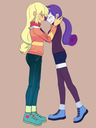Size: 640x853 | Tagged: safe, artist:haibaratomoe, imported from derpibooru, applejack, rarity, equestria girls, blushing, boots, clothes, eyes closed, female, forehead touch, lesbian, rarijack, scarf, shipping, shoes, simple background, sweater, tan background