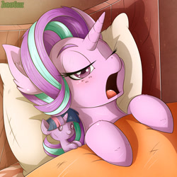 Size: 1280x1280 | Tagged: safe, artist:zuckergelee, imported from derpibooru, starlight glimmer, twilight sparkle, pony, unicorn, bed, bedroom, bedroom eyes, blanket, digital art, eyebrows, eyelashes, female, hooves, horn, looking at you, mare, morning, morning ponies, one eye closed, open mouth, pillow, plushie, solo, sunlight, yawn