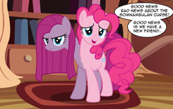 Size: 3511x2215 | Tagged: safe, artist:badumsquish, derpibooru exclusive, imported from derpibooru, pinkie pie, monster pony, original species, pony, aftermath, angry, annoyed, conjoined, curse, cursed, dialogue, female, frown, glare, golden oaks library, implied twilight sparkle, multiple heads, multiple tails, offscreen character, open mouth, pinkamena diane pie, raised eyebrow, self ponidox, somnambulan curse, species swap, speech bubble, talking to viewer, transformation, two heads, two-tone coat, unamused, window