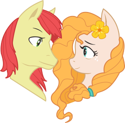 Size: 1280x1259 | Tagged: safe, artist:qq961130277, imported from derpibooru, bright mac, pear butter, pony, brightbutter, bust, female, looking at each other, male, mare, missing accessory, profile, shipping, simple background, smiling, stallion, straight, transparent background