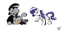 Size: 1760x876 | Tagged: safe, artist:lucas_gaxiola, imported from derpibooru, rarity, oc, earth pony, pony, unicorn, cigarette, clothes, duo, female, male, mare, scared, signature, simple background, smoking, stallion, underhoof, white background