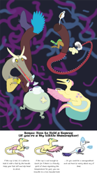 Size: 1111x2000 | Tagged: safe, artist:albertonykus, imported from derpibooru, discord, fluttershy, rarity, dinosaur, maniraptor, dinosaurified, my little maniraptor, species swap