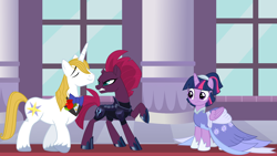 Size: 2064x1161 | Tagged: safe, imported from derpibooru, fizzlepop berrytwist, prince blueblood, tempest shadow, twilight sparkle, alicorn, my little pony: the movie, the last problem, spoiler:comicff26, annoyed, armor, arrogant, belligerent sexual tension, berryblood, bowtie, canterlot castle, clothes, coronation dress, diplomacy, dress, episode idea, fanfic idea, female, friendshipper on deck, friendshipping, glare, insult, insulted, male, second coronation dress, sexual tension, shipper on deck, shipping, shipping fuel, smug, straight, tempest shadow is not amused, this will end in pain, this will not end well, twilight sparkle (alicorn), uh oh, unamused, we're doomed