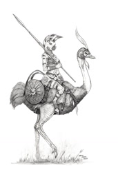 Size: 1000x1461 | Tagged: safe, artist:baron engel, imported from derpibooru, zecora, anthro, bird, ostrich, unguligrade anthro, zebra, axe, breasts, busty zecora, female, jewelry, mare, monochrome, pencil drawing, shield, skimpy outfit, staff, traditional art, weapon