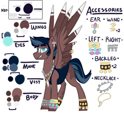 Size: 2561x2341 | Tagged: safe, artist:mcwolfity, imported from derpibooru, oc, oc only, pegasus, pony, bracelet, ear piercing, jewelry, male, necklace, pegasus oc, piercing, reference sheet, simple background, smiling, smirk, solo, stallion, text, transparent background, wings