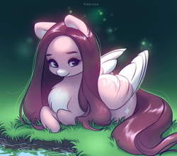 Size: 1949x1713 | Tagged: safe, artist:katputze, imported from derpibooru, oc, oc only, pegasus, pony, chest fluff, cute, female, grass, looking at you, mare, markings, outdoors, pale belly, prone, solo, water