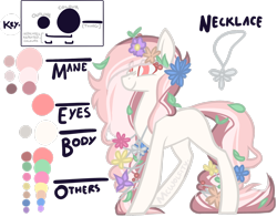 Size: 2764x2169 | Tagged: safe, artist:mcwolfity, imported from derpibooru, oc, oc only, earth pony, pony, earth pony oc, eye clipping through hair, female, floral head wreath, flower, flower in hair, jewelry, mare, necklace, reference sheet, simple background, smiling, solo, text, transparent background